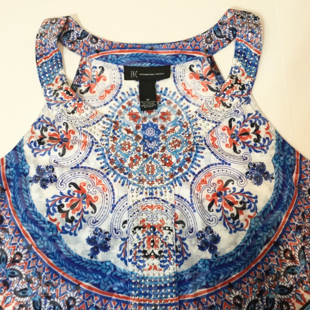 INC Sleeveless Semi-Sheer BOHO Print Top Crystals - Picture 2 of 5